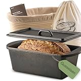 Praknu Gusseisen Topf für Brot Backen Set - 28cm Brotbacktopf mit Gärkorb und Brotbeutel – Bräter mit Deckel – 3 L Brotbackform – Brot Backen Zubehör - Rechteckiger Brottopf