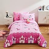 Yogeneg Pink Princess Comforter Set for Girls,Queen Size 7 Pieces Bed in a Bag, Easy Care Ultra Soft Lightweight Microfiber Bedding Set,All Season(Full/Queen,Magical Princess)