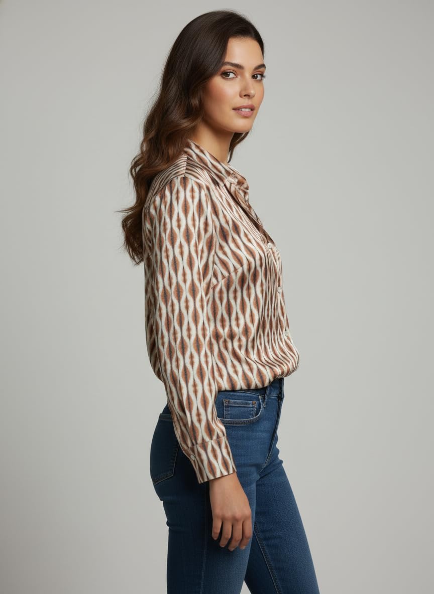 ANNI Designer Bedrucktes Damenhemd aus Baumwollmischgewebe, langärmelig, normale Passform, Hemdkragen, legere Bürokleidung, elegante Western-Kleidung für den Alltag, Hochzeit, Party