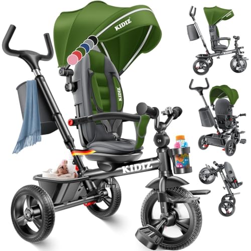 KIDIZ® Tricycle 5 en 1 Tricycle pour enfants avec barre à pousser Système de guidage Tige à partir de 1 an en marche avant et arrière sportif, panier sac...