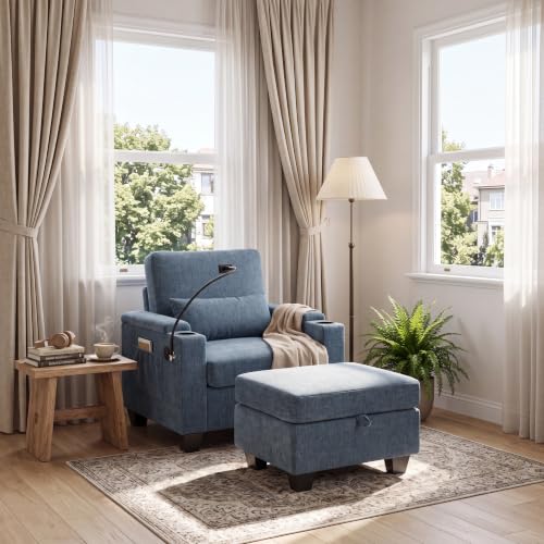 ERYE Accent Chair and Storage Ottoman Set Versatile Single Chaise Lounge Convertible Sleeper Bed W/Reclining Backrest Storage Armrests Phone Stand Cupholders USB-C Ports