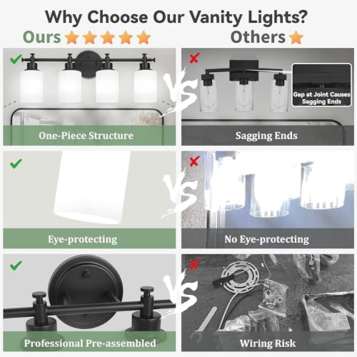 Image of 4-Light Bathroom Vanity Light, Black Vanity Lights for Bathroom, Modern Wall Sconce with White Glass Shades, Anti-Rust Vanity Light Fixture over Mirror, 23 Inch (Bulbs Not Included, E26 Base)