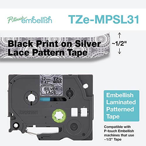 Image of Brother P-Touch Embellish Black Print on Silver Lace Patterned Tape TZEMPSL31 - ~ inch Wide x 13.1' Long for use with P-Touch Embellish Ribbon & Tape Printer (Pack of 2)