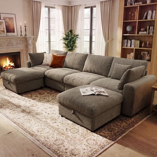Image of Ihanherry 141 inch Oversized Cloud Sectional Couches for Living Room, Modular Sectional Sofa with Wide Deep Seat, U Shaped Couch with Throw Pillow and Storage Ottoman, Beige