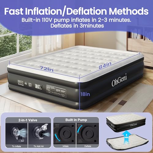 OhGeni Cal King Air Mattress with Built-in Pump for Guest, 18" Tall Inflatable Blow Up Air Bed with Carrying Bag for Camping, Raised Elevated High Airbed, Foldable & Portable Colchon inflables, Black