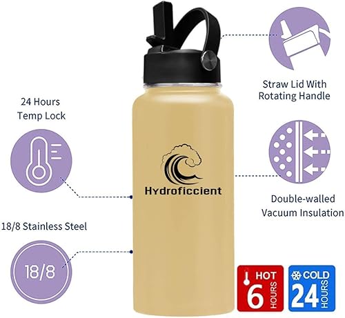Miniatura 2 de Hydroficcient Botella de agua deportiva de acero inoxidable con aislamiento al vacío de doble pared con tapa con pajilla 32 onzas amarillo otoñal