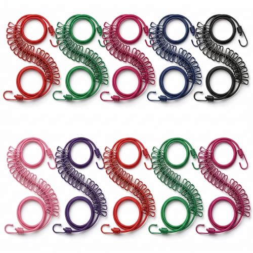 Image of 10 Piece Cloth Drying Rope /Elastic Rope with Hook /12 Clip Elastic Hanging Rope /Stretchable /Clothesline /Portable Cloth Dryer /Kapde Sukhane Ki Rassi /Travel Home Outdoor(Multicolour), Assorted