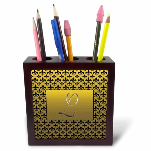 3dRose Elegant letter L embossed in gold frame over a black fleur-de-lis pattern on a gold background 5 inch tile pen holder