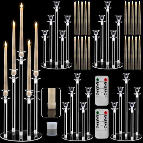 Barydat 4 Set Acrylic Candelabra Centerpiece Clear Candle Holders with 20 LED Candles 5 Arm Holder for Tables with Remote Timer and Rubber Candle Rings Wedding Party Decor