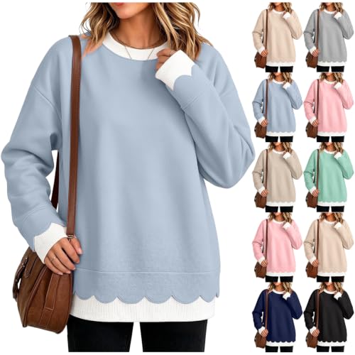 Blue Crewneck Sweatshirt Women Oversized Cute Scalloped Edge Sweatshirts - image 1