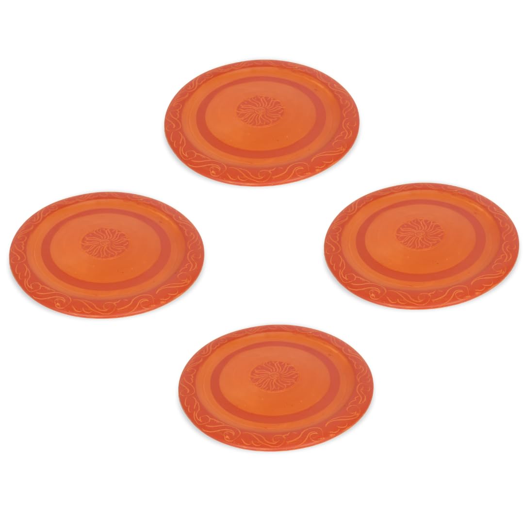 Uncommon Traditional Look Handmade Border Design 6PCS Flat Clay Earthen Dinner Plates, Eco-Friendly Natural Feeling Food Serving Lunch Table Plate Set (4PCS)