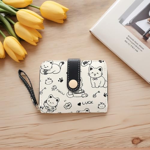 Stylish White PU Leather Wallet with Cat Design - Clip Closure, Handheld, Polyester Lining for Enhanced Durability3