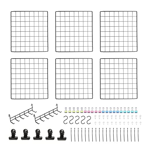 Feadily 6 Pack Metal Grid Panel, 13.8' x 13.8' Black Wire Grid Wall Organizer for Photos, Notes & Decor, Include 2 Hook Racks