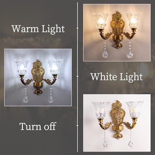 Image of Wellmet 2-Lights Gold Wall Sconce, Retro Wall Light, Bathroom Vanity Wall Lamp, Wall Light Fixtures for Living Room, Bedroom, Hallway, Bathroom, Stairway, W-18in (Bulb not Include)