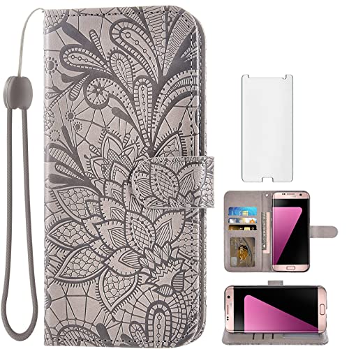 Asuwish Compatible with Samsung Galaxy S7 and Tempered Glass Screen Protector Cover Card Holder Kickstand Lace Wallet Phone Cases for Glaxay S 7 Galaxies 7s Gaxaly GS7 SM-G930V G930A Women Men Grey