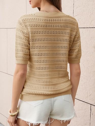 Image of Saodimallsu Womens Short Sleeve Crochet Sweaters Summer Boho Pullover Tops