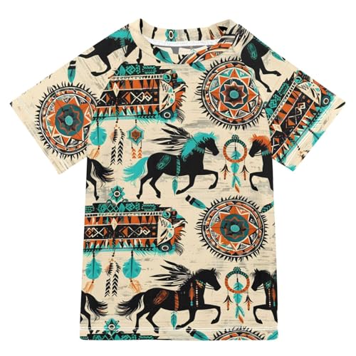 ALAZA Boys Swim Shirts Toddler Rash Guard Short Sleeve Rashguard Horse Indian UPF 50+ 11-12T