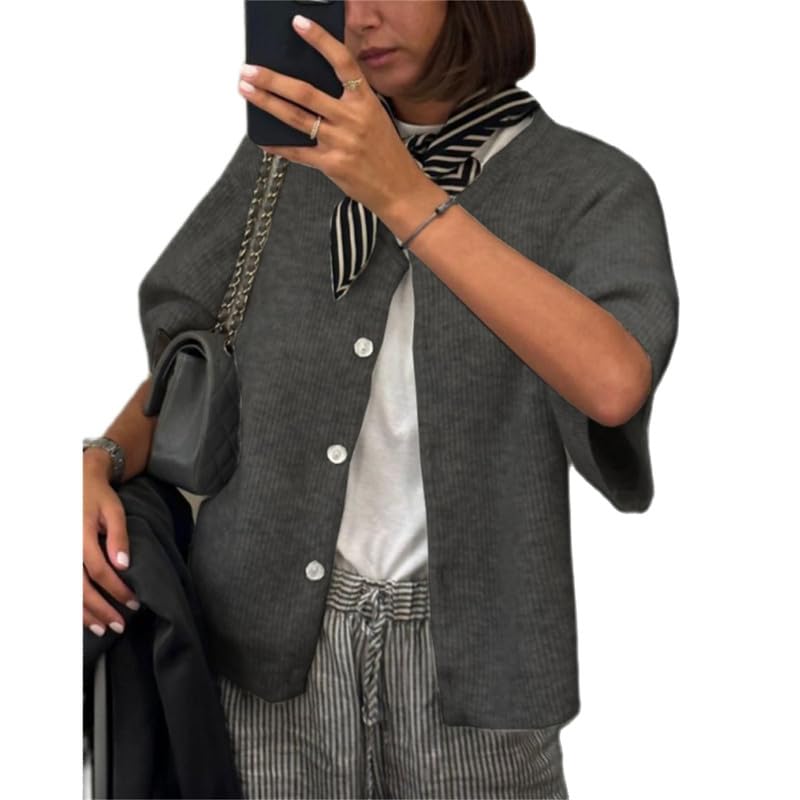 Short Sleeve Cardigan Sweater for Women Button Down Knit Cropped Cardigan Y2K Open Front Crop Top Tee Shirt