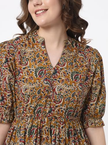 Image of PIDAVLIYA'S Women's Floral Summer Maxi Dress I Cotton Printed I One Piece Bodycon Midi Dress with V-Neck, Puffed Sleeves