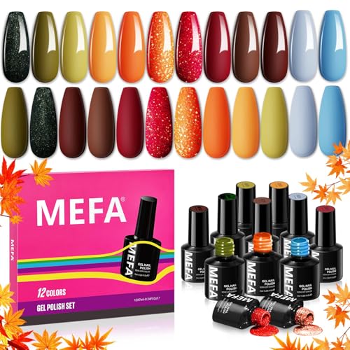 MEFA Orange Gel Nail Polish Set, 12 Colors Fall Winter Red Brown Gel Polish Set Soak Off UV Led Green Nail Gel Manicure at Home DIY Salon for Women