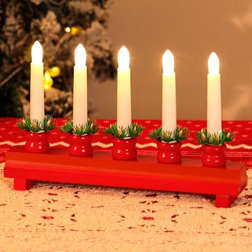 Lewondr Chandelier de Noël Suédois, Bougies Éectriques avec 5 Bougies sans Flamme, Bougies en Bois avec Alimentation USB, Bougies Décoratives de Noël pour Fenêtres, Fêtes et Mariages, Rouge