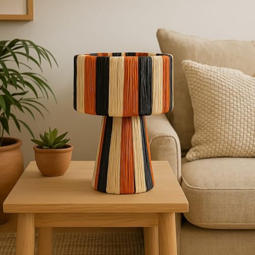 Generico Lampada Marocchina Artigianale a Forma di Fungo in Filo Naturale Etnico in Rafia Nero, Arancio e Naturale Stile Boho 2705251400