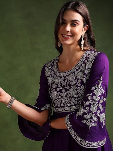 Image of Vaamsi Women's Solid Anarkali Embroidered Kurta With Dupatta