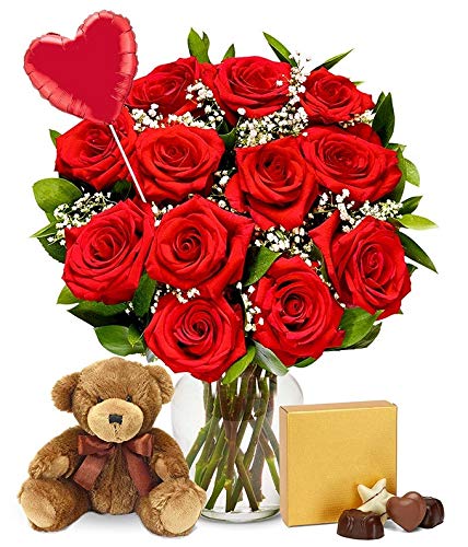 From-You-Flowers-One-Dozen-Red-Roses-Heart-Balloon-Chocolate-Bear-with-Glass-Vase-Fresh-Flowers-Valentines-Day-Birthday-Anniversary-Get-Well-Sympathy-Congratulations-Thank-You | Free Flower Delivery