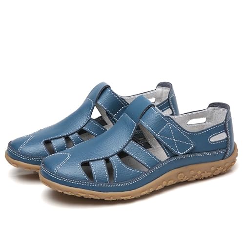Non Slip Closed Toe Women's Retro Flat Sandals Summer Beach Fisherman Sandals Square Toe Gladiator Outdoor Shoes (light blue,24.