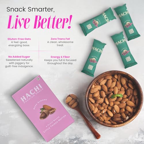 Image of HACHI Healthy Rose Almond Granola | Pack of 4 (35 g Each) | Crunchy Granola with Rolled Oats, Almonds, Rose Petals & Jaggery | Nutritious Snack for Travel, Office & Tiffin
