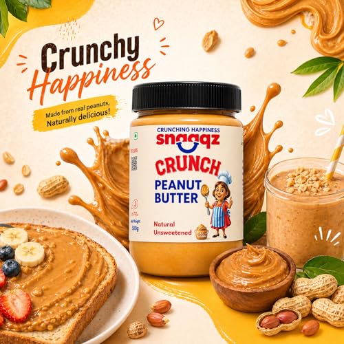 Image of SNAAQZ All Natural Peanut Butter Crunchy (Pack of 2 x 500g) - 1kg Value Combo | 30g Protein, 100% Roasted Peanuts | Unsweetened, No Palm Oil, Sugar-Free Vegan Nut Butter