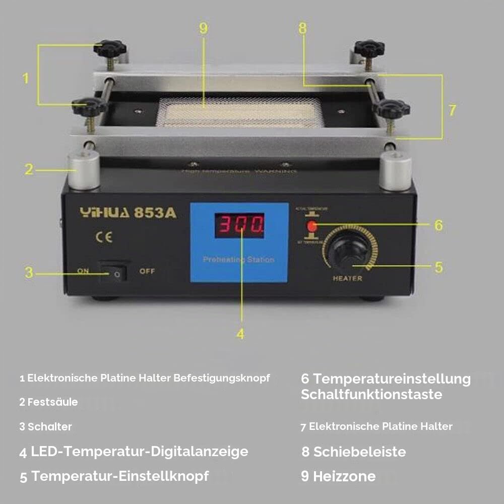 450W Vorwärmer, Digital Preheating Station Heizplatte PCB Preheater Vorwärmen Lötstation 853A Rework Soldering Station mit Thermometer PID-Regelung mit Geschlossenem Sensor