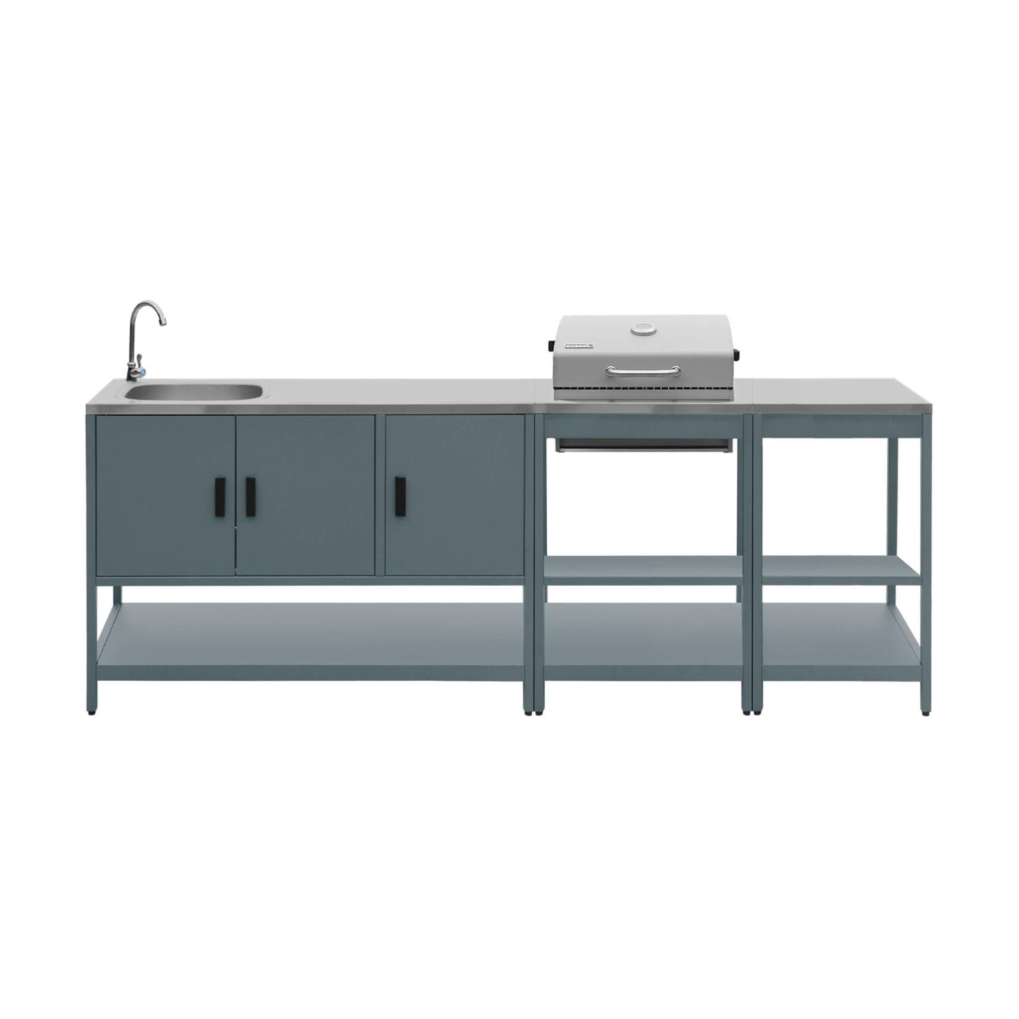 sweeek - Cuisine extérieure 3 modules acier inoxydable avec barbecue charbon bleu gris Naxos
