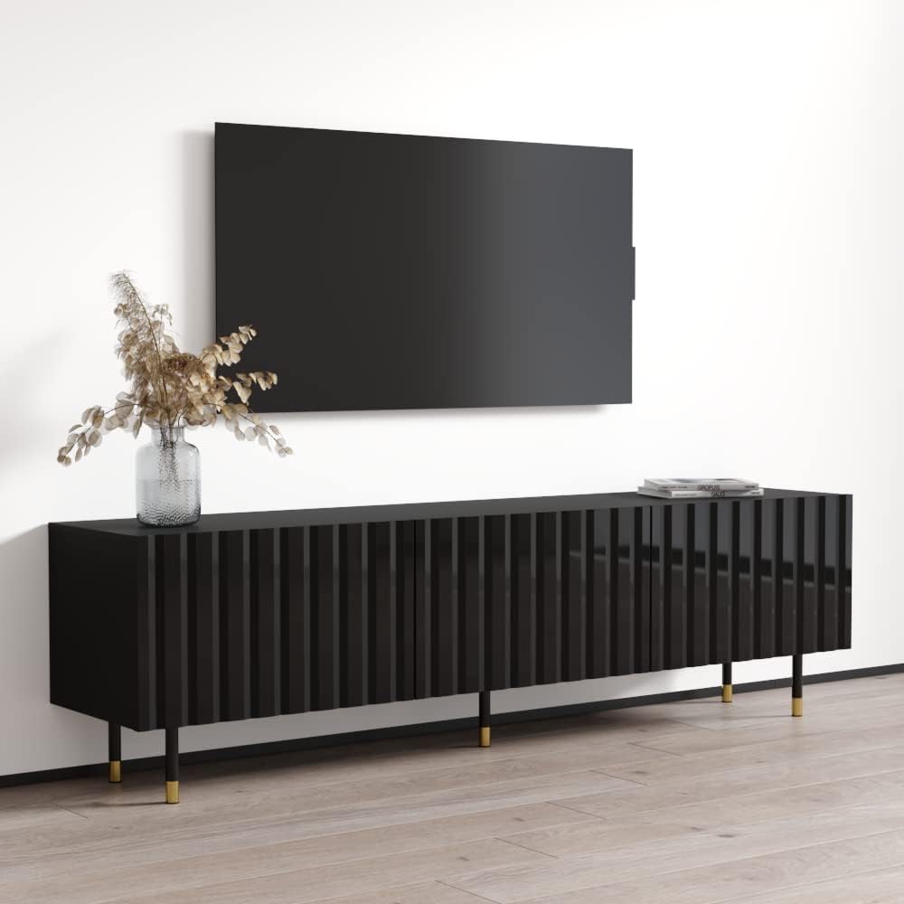 Meble Furniture Pilar 01 Modern TV Stand — Storage Cabinets and High-Gloss Finish — Fits TVs Up to 80 Inches, 59.1 x 15.7 x 19.7 inches — Black