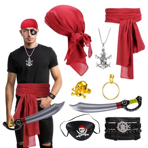 Lvefyti Mittelalter Piratenkostüm Zubehör Set Damen HerrenPiraten Augenklappen Piraten Kopftuch Creolen Halskette Armband Goldenen Totenkopfring Piratensäbel für Halloween Cosplay Party