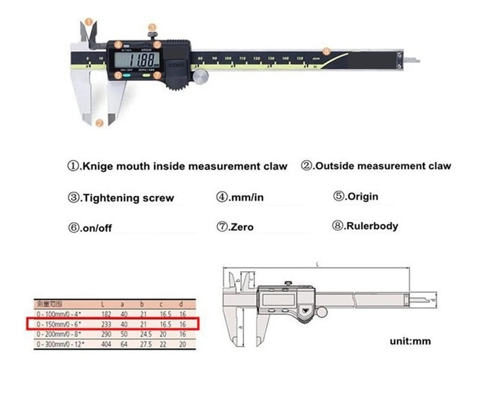 Suwmiarka cyfrowa, LCD Cyfrowe Cyfrowe zaciski Vernier 6 cali 150 300 200mm 500-196-20 Gauge Elektroniczny pomiaru ze stali nierdzewnej(150mm)