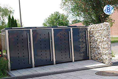 4er Edelstahl Mülltonnenbox für 240 Liter Tonnen in Anthrazit RAL7016 mit Klappdach Cover