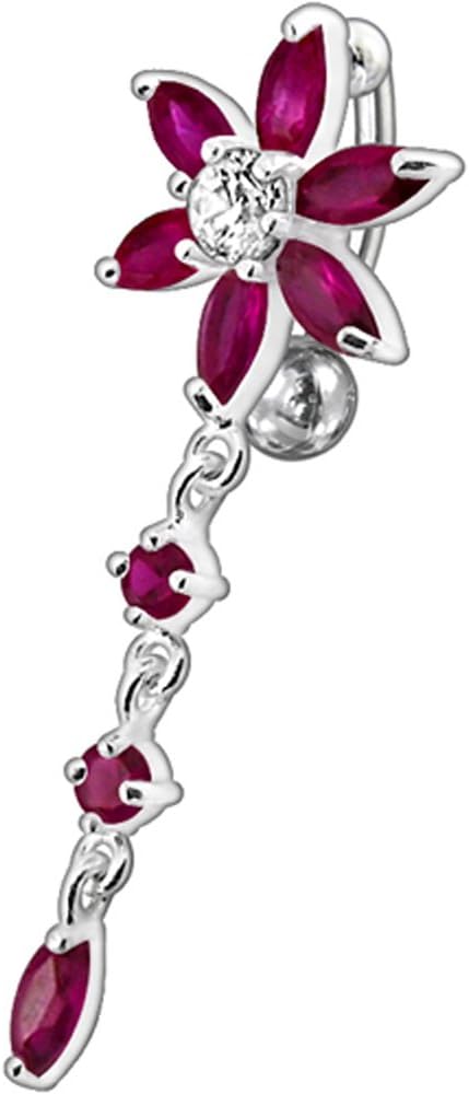 Cz Gemstones Fancy Flower Reverse Bar Dangling Design 925 Sterling Silver with Stainless Steel Belly Ring - Belly Button jewelry - Navel jewelry