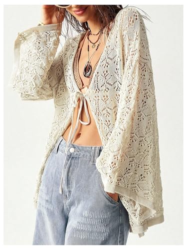 MakeMeChic Women's Light Weight Cardigan Sweaters Hollow Out Tie Front Deep V Neck Long Sleeve Fall Outerwear4