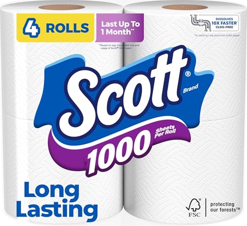 Image of Scott 1000 Sheets Per Roll Toilet Paper, 4 Rolls, Bath Tissue