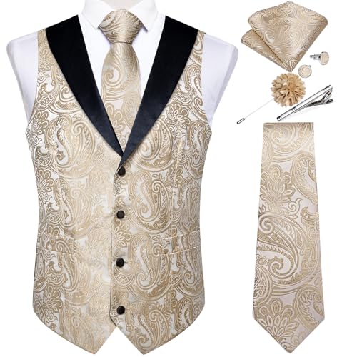Image of DiBanGu Mens Paisley Suit Vest Silk Jacquard Waistcoat and Necktie Set Formal Shawl Collar Dress Vest 7PCS for Wedding Party