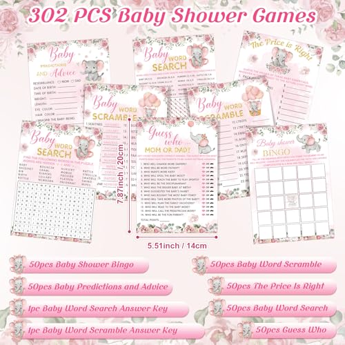 Image of Jetec 302 Pcs Baby Shower Games, 6 Games,50 Sheets Each, Pink Elephant