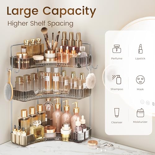 Image of 3-Tier Corner Organizer with Hooks, Gray PET Counter Storage | Multi-Purpose for Bathroom Skincare & Kitchen Organization