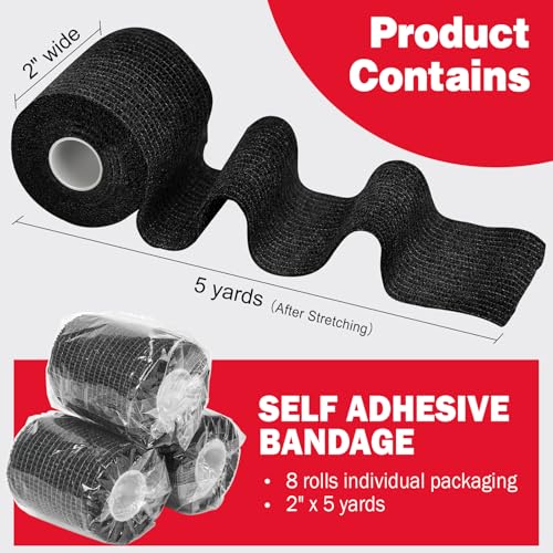 Image of AZEN 8 Pack Self Adhesive Bandage Wrap, 2 inch X 5 Yards Elastic Cohesive Bandage Wrap, Black Athletic Tape, Vet Wrap, Ankle Tape, Tattoo Grip Tape Wrap
