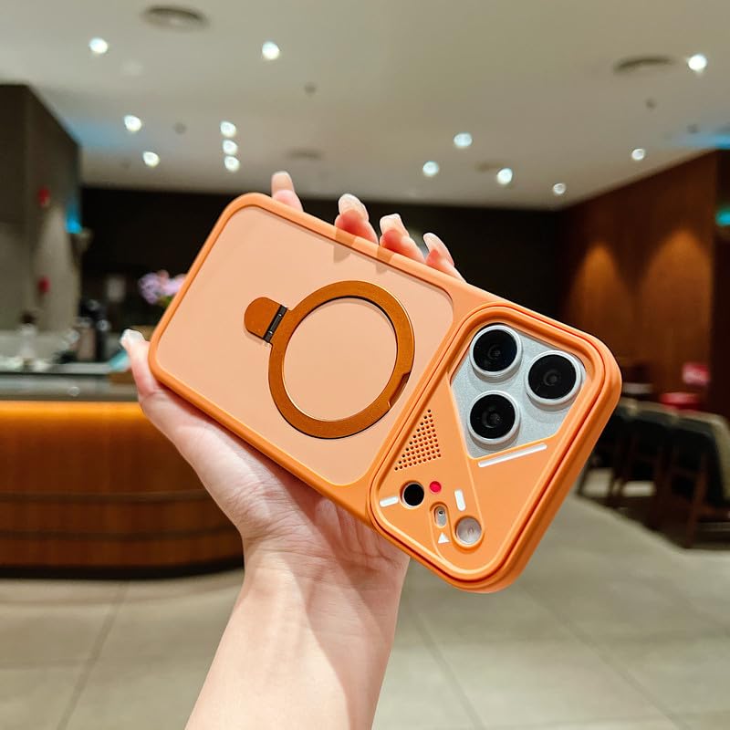 Image of LuxuryKase Magnetic Shockproof Case for iPhone 17 Pro | Foldable 110 Metal Ring Kickstand | Matte Finish | Futuristic Camera Shield Design | Slim Profile & MagSafe Compatible - Orange