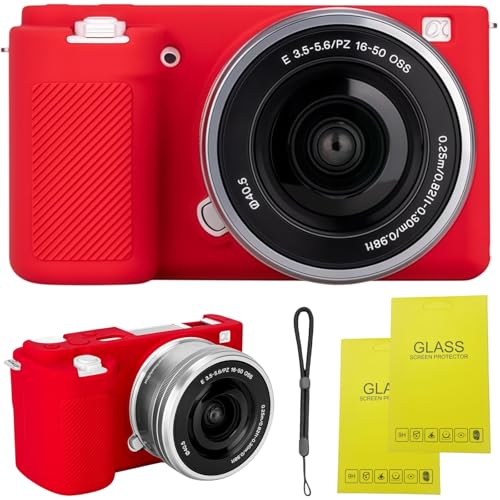 Funda roja Sony ZV-E10 elástica de tacto suave con correa de mano