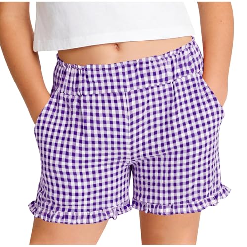 Saxrel Purple Girls' Summer Gingham Shorts - Ruffle Hem Plaid Pants Elastic Waist Side Pocket Lightweight Thin Checkered Shorts for School Casual Outings Daily Wear 5 Years