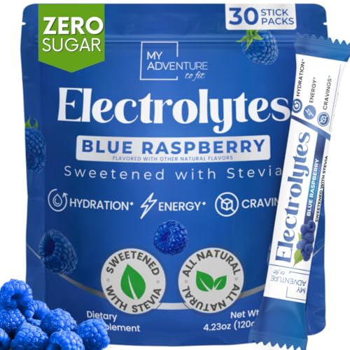 Zero Sugar Blue Raspberry Electrolytes Powder Packets (30 Pack) - All Natural Ingredients Caffeine Free Energy for Refreshing Hydration - Vegan Keto Paleo - Sugar Free Electrolytes Powder No Sugar