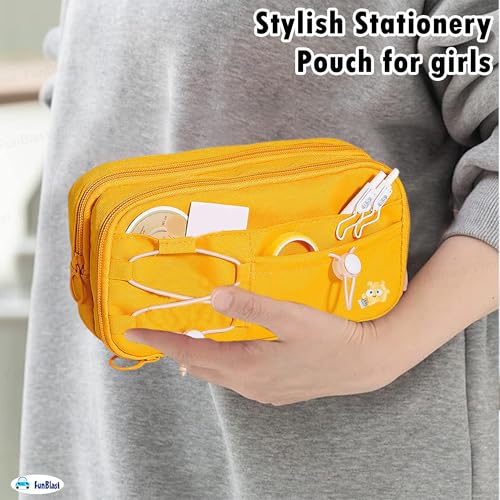 Image of FunBlast Pencil Pouch for Girls - Aesthetic Multi-Compartment Zipper Pouch with Drawstring Pocket, Cute Kawaii Pencil Case, Stylish Stationery Pouch, Return Gift for Kids & School Use (Yellow)