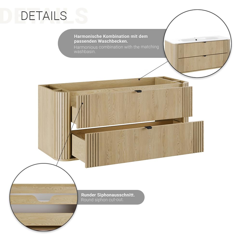 Lomadox Badezimmer-Waschtisch 120 cm in Eiche, gerillt, mit Keramik Waschbecken, 2 Schubladen, Softclose, Metallgriffe, abgerundete Kanten
